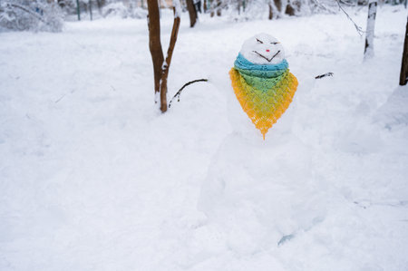 Snowman dressed in a crocheted scarf. Winter fun.の写真素材