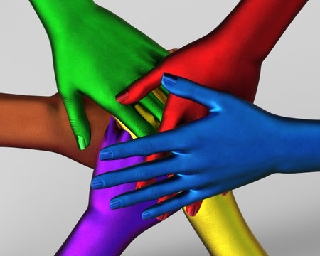 Multi-colored female hands on top of each other as a team. 3d illustration.の写真素材