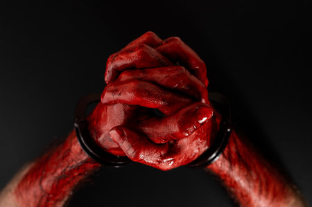 Close-up of male bloody handcuffed hands on a black background.