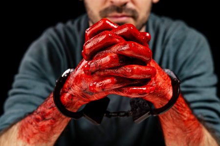 Portrait of a man with bloody hands handcuffed.の写真素材