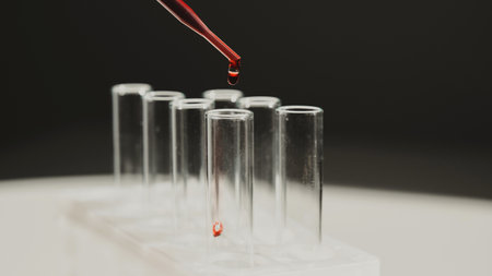 Close-up of a laboratory assistant dripping blood from a pipette into a test tube.の写真素材