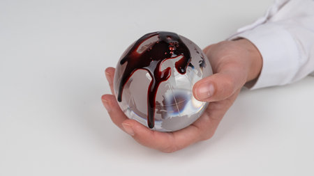 A woman holds a crystal globe smeared in blood on a white background.の写真素材