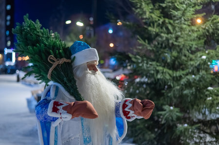 Russian santa claus carries a christmas tree outdoors.の写真素材