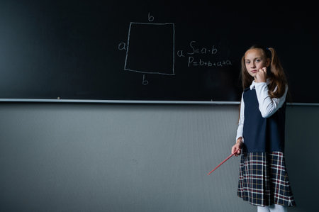 The schoolgirl answers at the blackboard. Caucasian girl trying to remember the formula.の写真素材