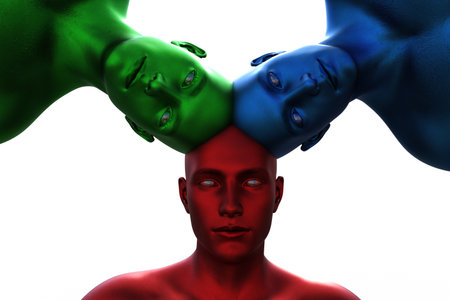 3d model. 3 multicolored male heads growing out of each other. group mind.