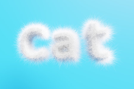 3D render. Lettering cat from white wool on a blue background.の写真素材