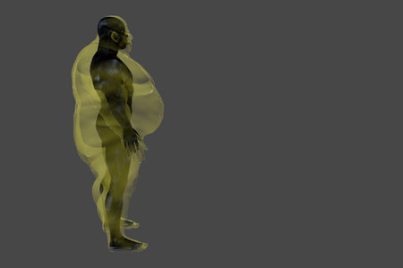 3D render. Athletic man inside an obese body on a gray background. Copy space.