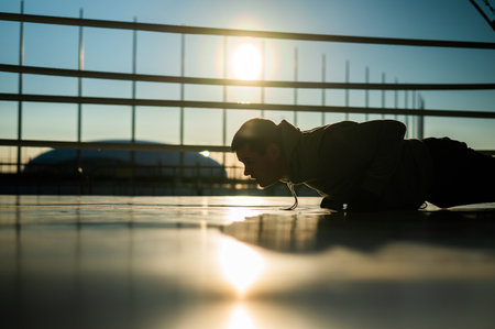 Young caucasian man doing push-ups in the boxing ring outdoors at sunset.の写真素材