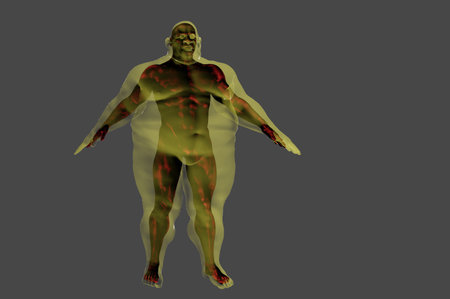 3D render. Athletic man inside an obese body on a gray background.の写真素材