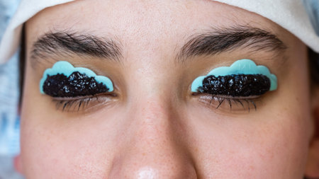 Close-up portrait of a woman on the procedure of lamination and tinting of eyelashes. Permanent makeup.の写真素材