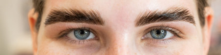 Close-up portrait of a woman after the procedure of correction and lamination of eyebrows.の写真素材