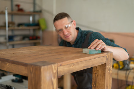 Male carpenter finishing work on wooden table in workshop.の写真素材