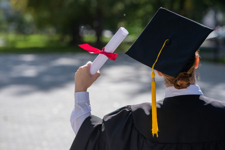 Rear view of a caucasian woman in a graduate gown holding a diploma outdoors.の写真素材
