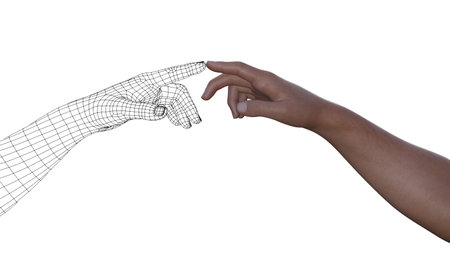 mans hand and hand wireframe touching with index fingers on a white background.の写真素材
