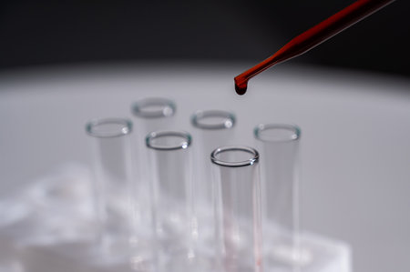 Close-up of a laboratory assistant dripping blood from a pipette into a test tube.の写真素材