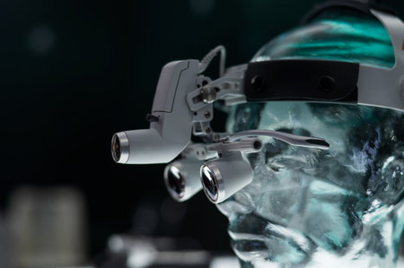 Dentists microscope on a transparent mannequin at a medical exhibition.