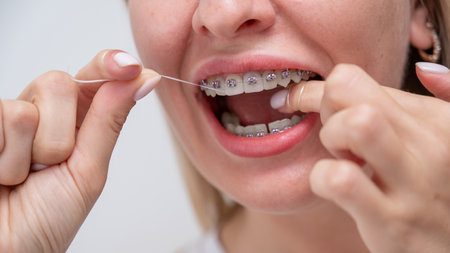 Caucasian woman cleaning her teeth with braces using dental floss. Cropped portrait.