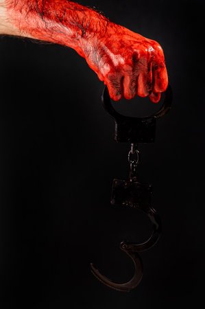 Faceless man holding handcuffs black background. Hands are stained with blood.の写真素材