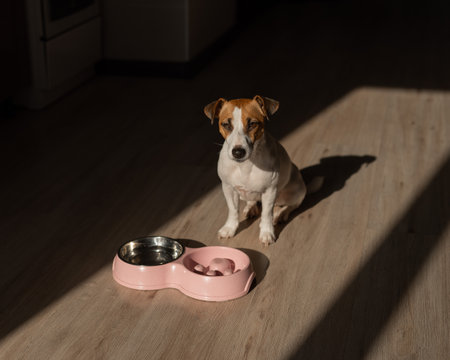 A double bowl for slow feeding and a bowl of water for the dog. Jack Russell Terrier dog near a pink plate with dry food on a wooden floor.の写真素材
