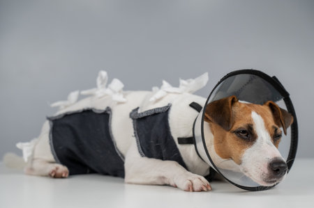 Sad dog jack russell terrier in a blanket and a cone collar after surgery.の写真素材