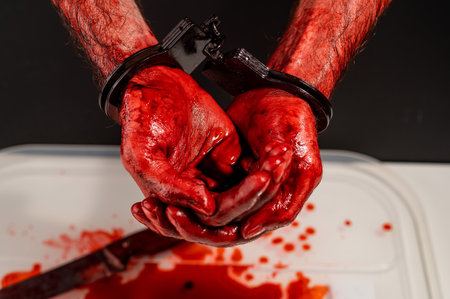Close-up of male bloody handcuffed hands.の写真素材