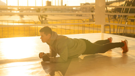Caucasian male boxer warming up before a fight in the ring outdoors.の写真素材