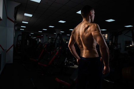 Back view of shirtless man with sculpted body in gym.の写真素材