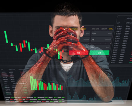 A man with blood-stained hands in handcuffs. financial crime. Stock charts on a virtual screen.