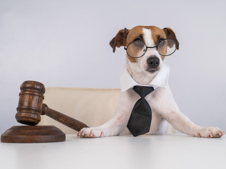 A jack russell terrier dog in a tie sits behind on a chair with a judges gavel on the table.の写真素材