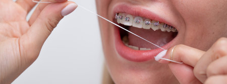 Caucasian woman cleaning her teeth with braces using dental floss. Cropped portrait.の写真素材