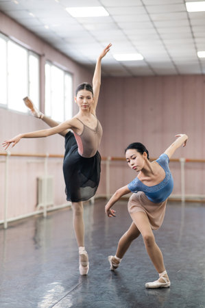 Two Asian ballerinas are dancing in the class.の写真素材