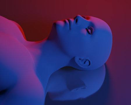 3D rendering of a portrait of a red matte bald woman on a white background.の写真素材