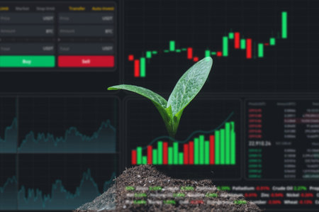 HUD menu on top of zucchini sprout on a black background. Stock charts. brokerage terminal.の写真素材