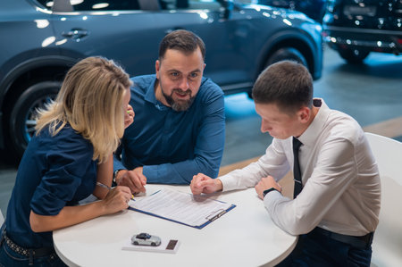 Happy caucasian couple signs a contract for the purchase of a car salon.の写真素材