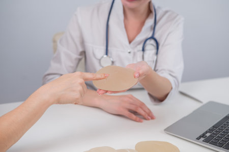Caucasian woman and plastic surgeon touching and choosing breast implants.の写真素材