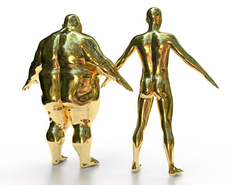 3D render. Golden athletic and obese naked men stand with their backs on a white background.の写真素材