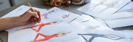 Faceless woman draws watercolor sketches of sportswear. Close-up of the hands of a fashion designer.