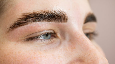 Close-up portrait of a woman after the procedure of correction and lamination of eyebrows.の写真素材