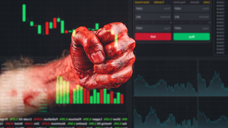 Close-up of a mans fist covered in blood. financial crime. Stock charts on a virtual screen.の写真素材