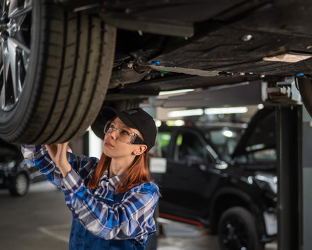 A female mechanic inspects a lifted car. A girl at a mans work.の写真素材