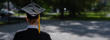 A woman throws her graduation cap against the blue sky. Widescreen.の写真素材