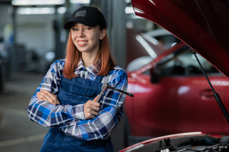 A woman auto mechanic stands at the open hood of a car and holds a screwdriver.の写真素材