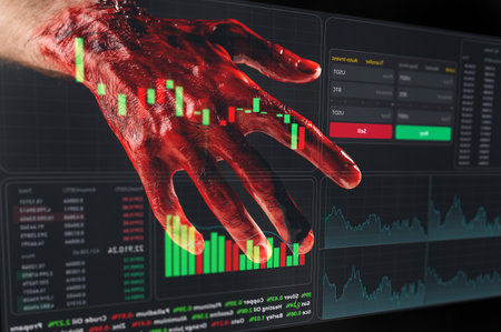 Close-up of a mans palm covered in blood. financial crime. Stock charts on a virtual screen.