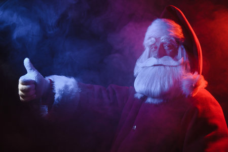 Santa Claus portrait in blue red neon light and smoke.の写真素材