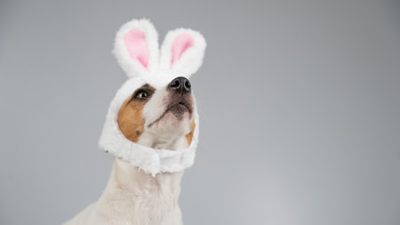 Jack Russell Terrier dog in bunny ears on a white background. Copy space.の写真素材
