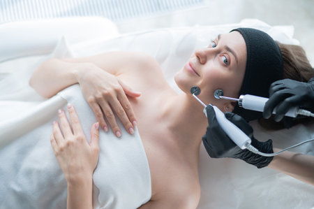Young caucasian woman on microcurrent therapy procedure. Beauticians office.
