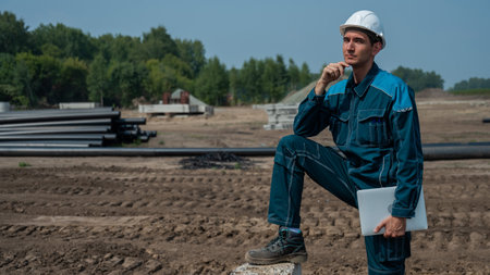 Caucasian male builder in hardhat holding laptop at construction site.の写真素材