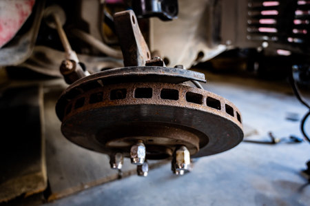 Close-up of a car brake disc at a car service.の写真素材