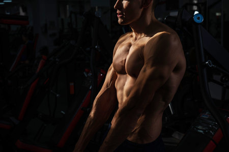 Shirtless man with sculpted body in the gym.の写真素材