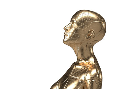 3D render portrait of a gold bald woman on a white background.の写真素材